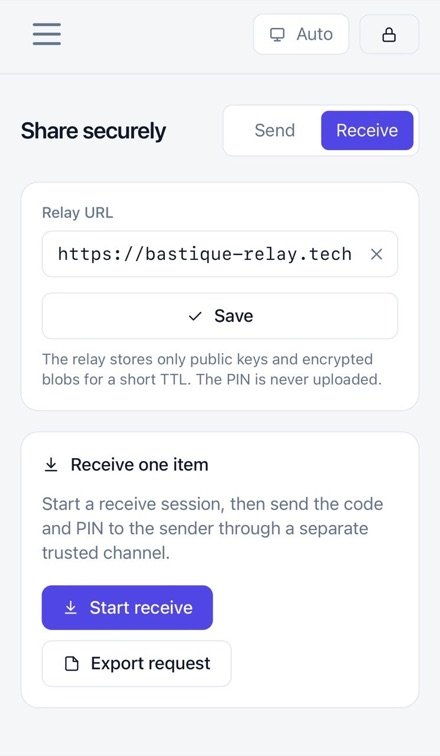 Bastique secure receive screen on mobile