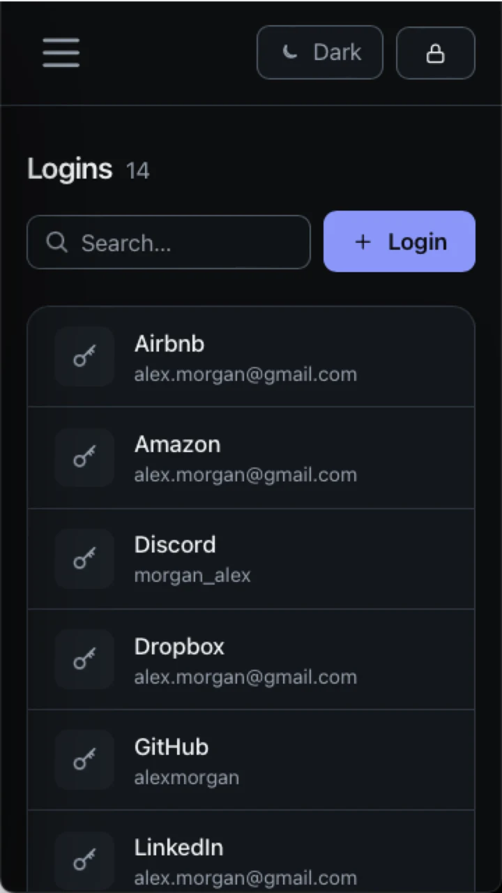 Bastique on a phone, showing the saved logins in the vault
