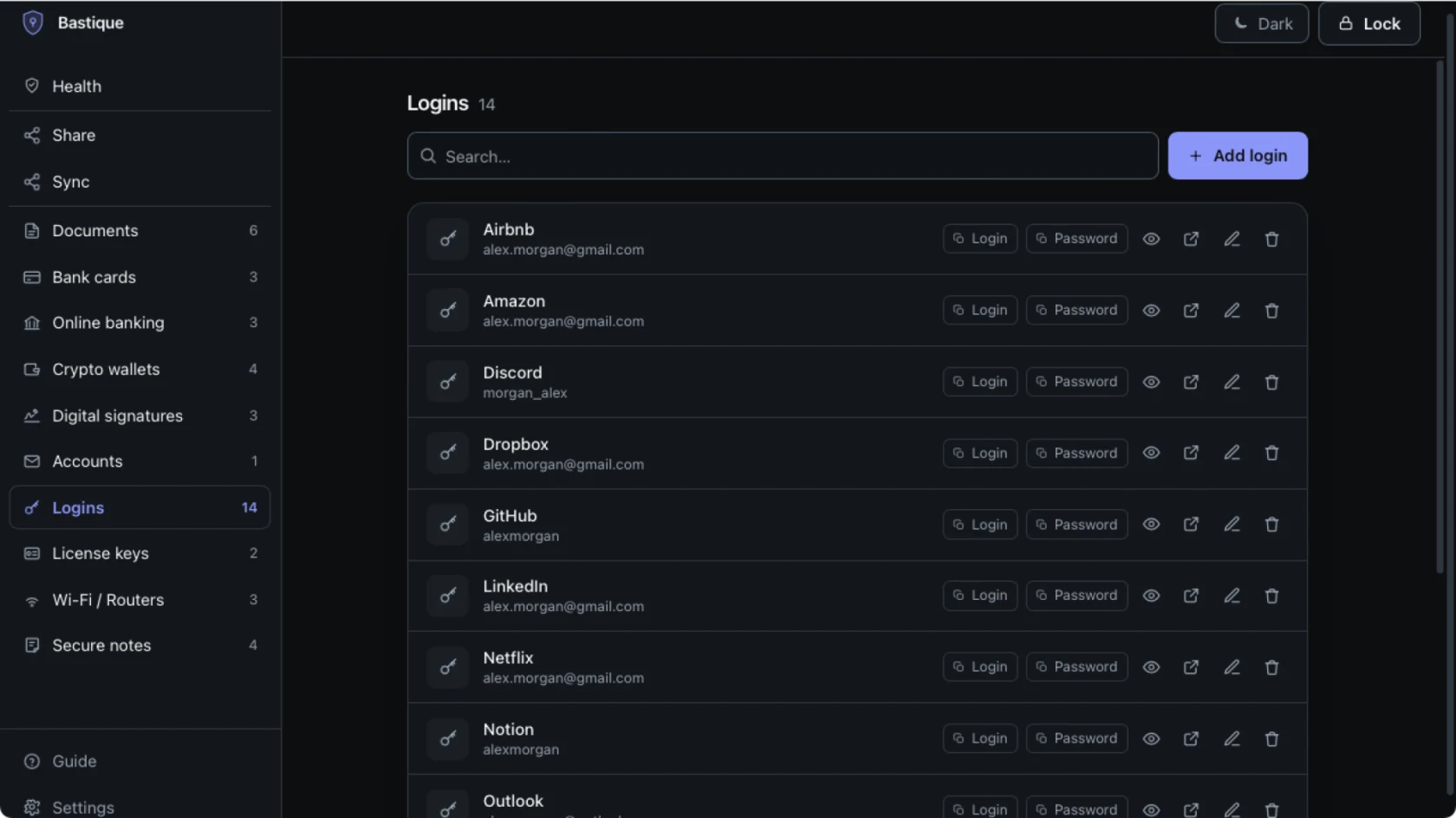 Bastique desktop app showing the saved logins list and vault navigation
