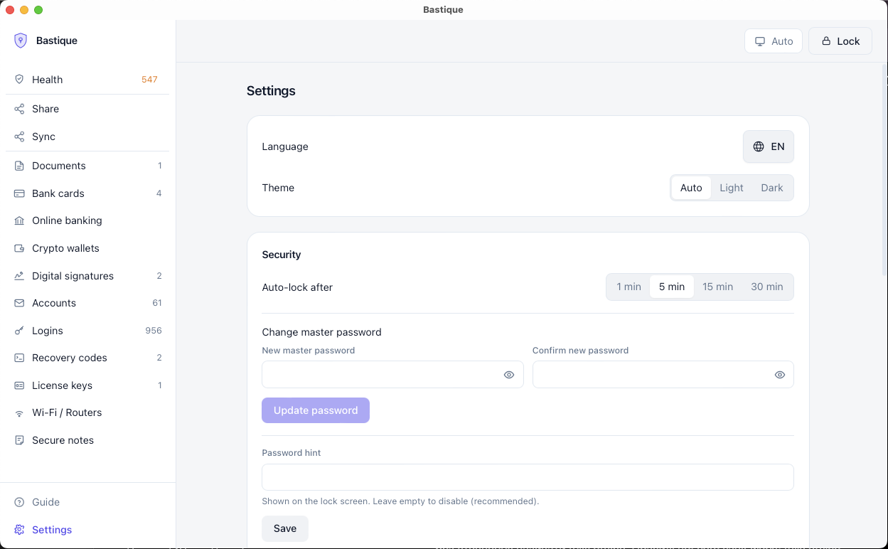 Bastique desktop vault interface